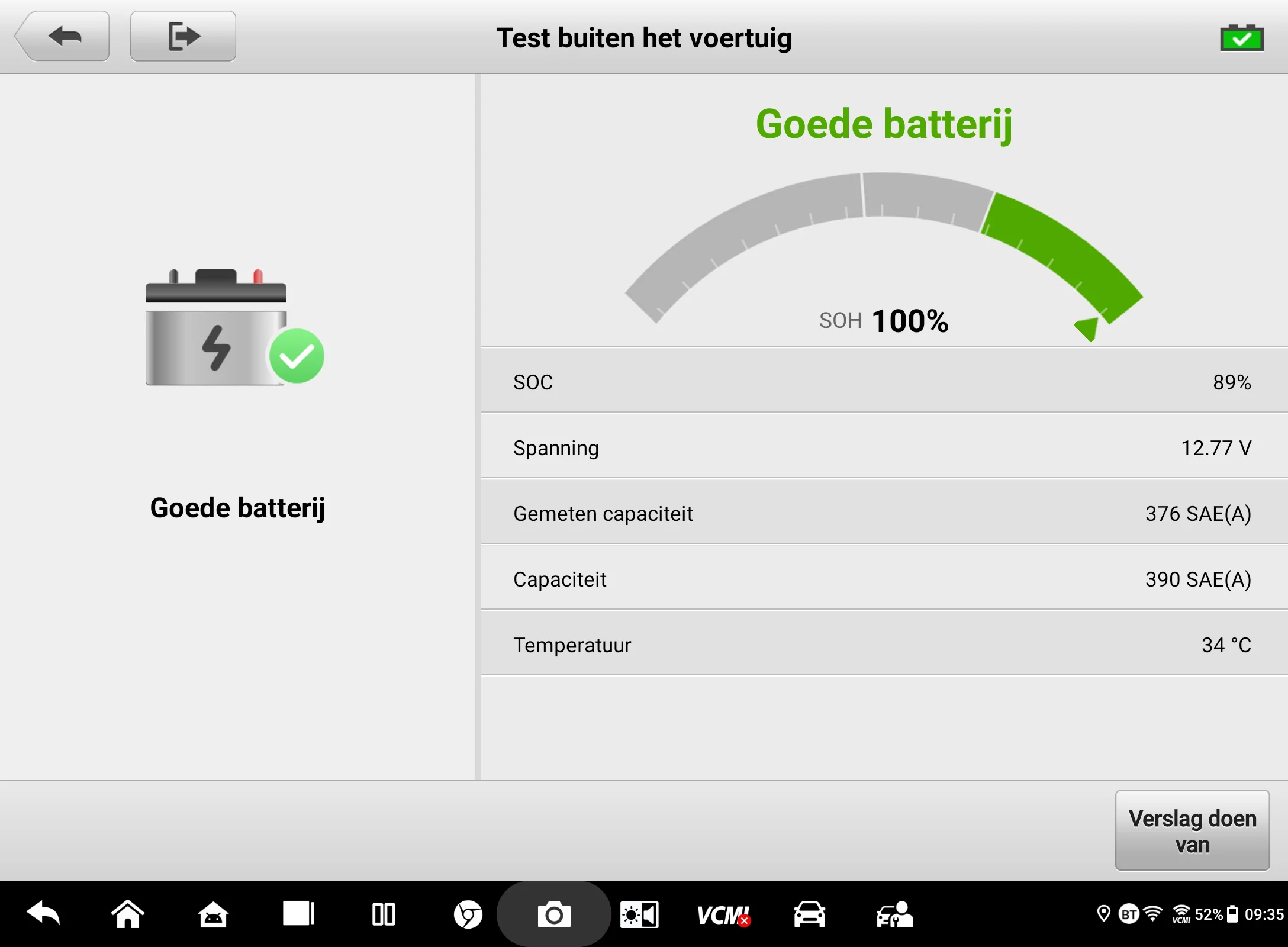 Autel 12V accutest - uitslag en rapport van een goede batterij