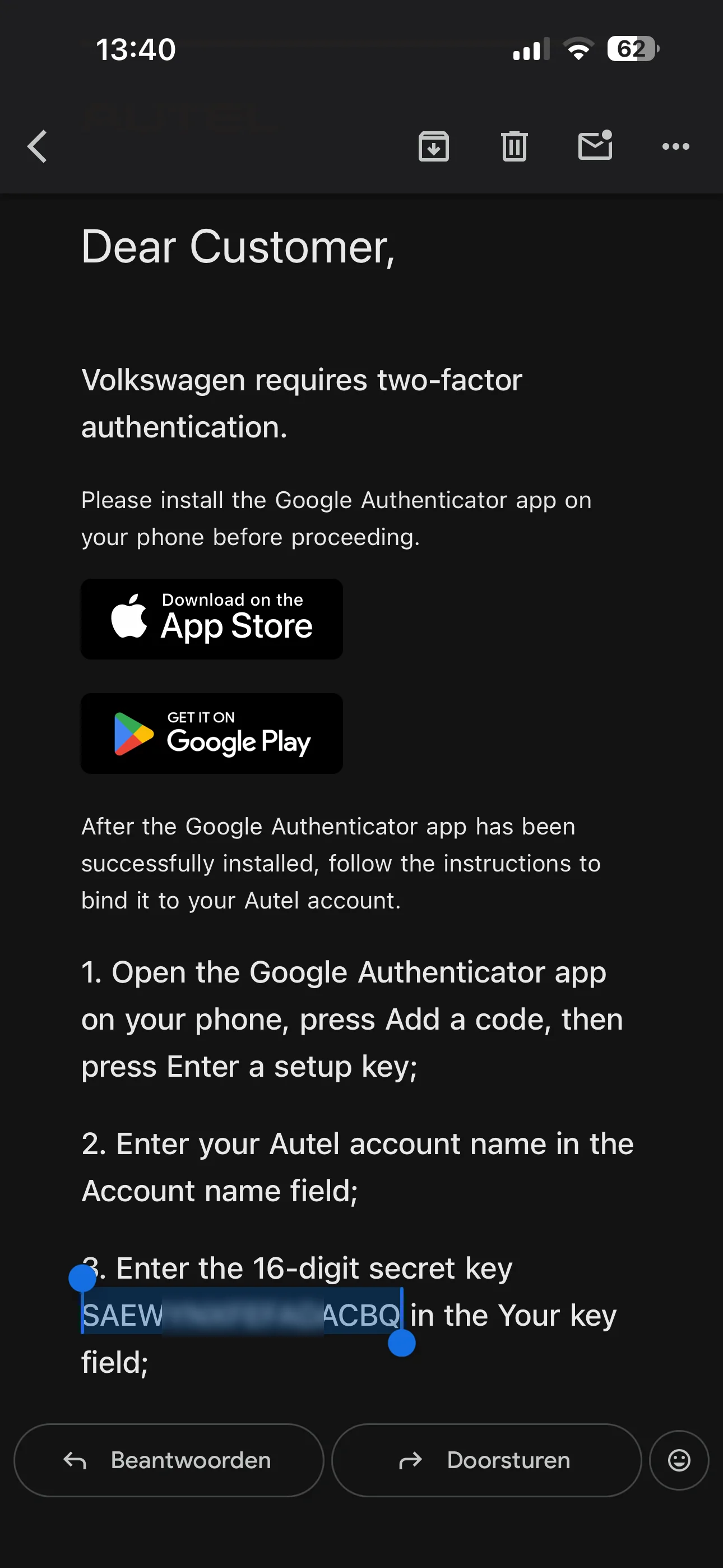Stap 7 - Secret key uit e-mail gebruiken